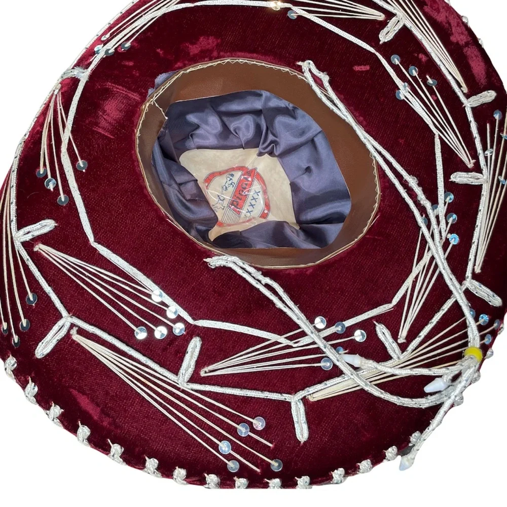 PIGALLE Mariachi Sombrero Maroon Velvet Silver Sequins Adult Large - Picture 8 of 14
